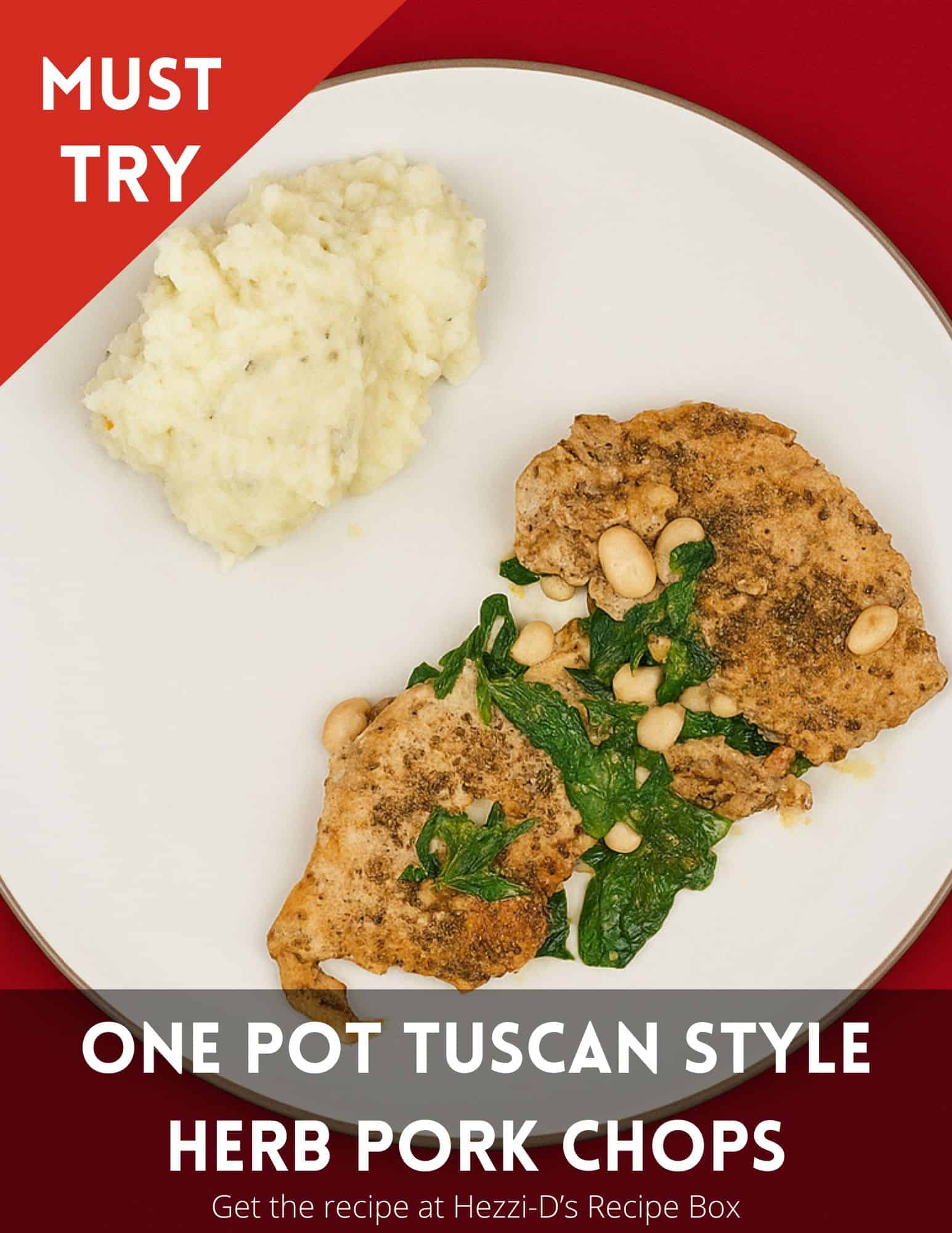 Pin Image: Title, a plate of pork chops, beans, and spinach with a scoop of mashed potatoes.
