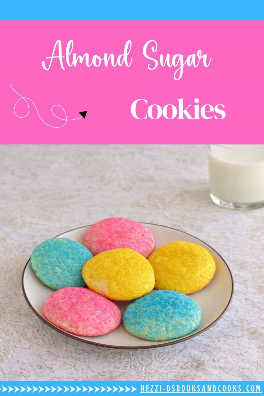 Pin Image: Title, a plate of pastel colored cookies with a glass of milk in the background.