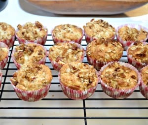 Delicious Apple Pecan Muffins topped with a crunchy oat and pecan topping