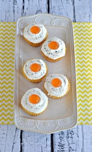 Bacon Cupcakes topped with sweet Buttercream frosting and a butterscotch "egg yolk"