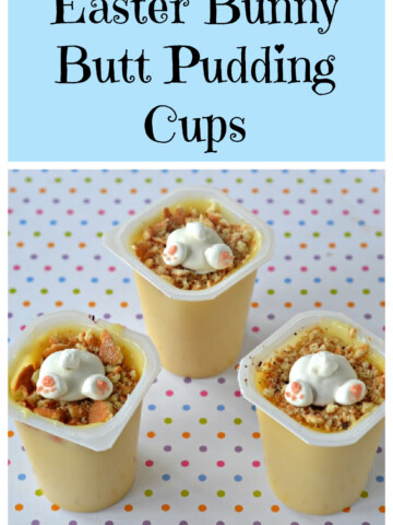 Text, three pudding cups with bunny butts on top.