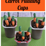 Text, three pudding cups with chocolate covered pretzels in them that look like carrots.