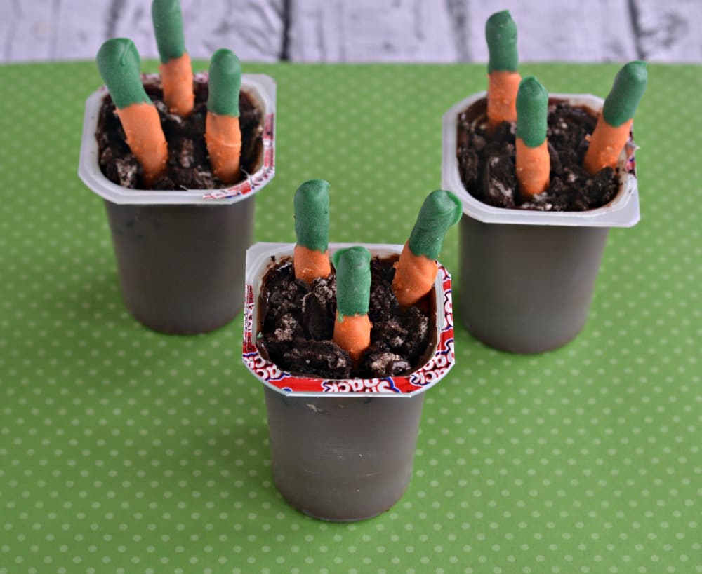 Chocolate Snack Pack Pudding Cups with Oreo "dirt" and Chocolate Covered "Carrots"