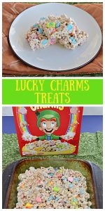 Pin Image: A Plate with 3 Lucky Charms Treats on it, text, a box of Lucky Charms cereal with a pan of Lucky Charms Treats in front of it.