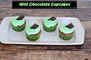 Chocolate Cupcakes with Green Mint Frosting topped with a chocolate mint!