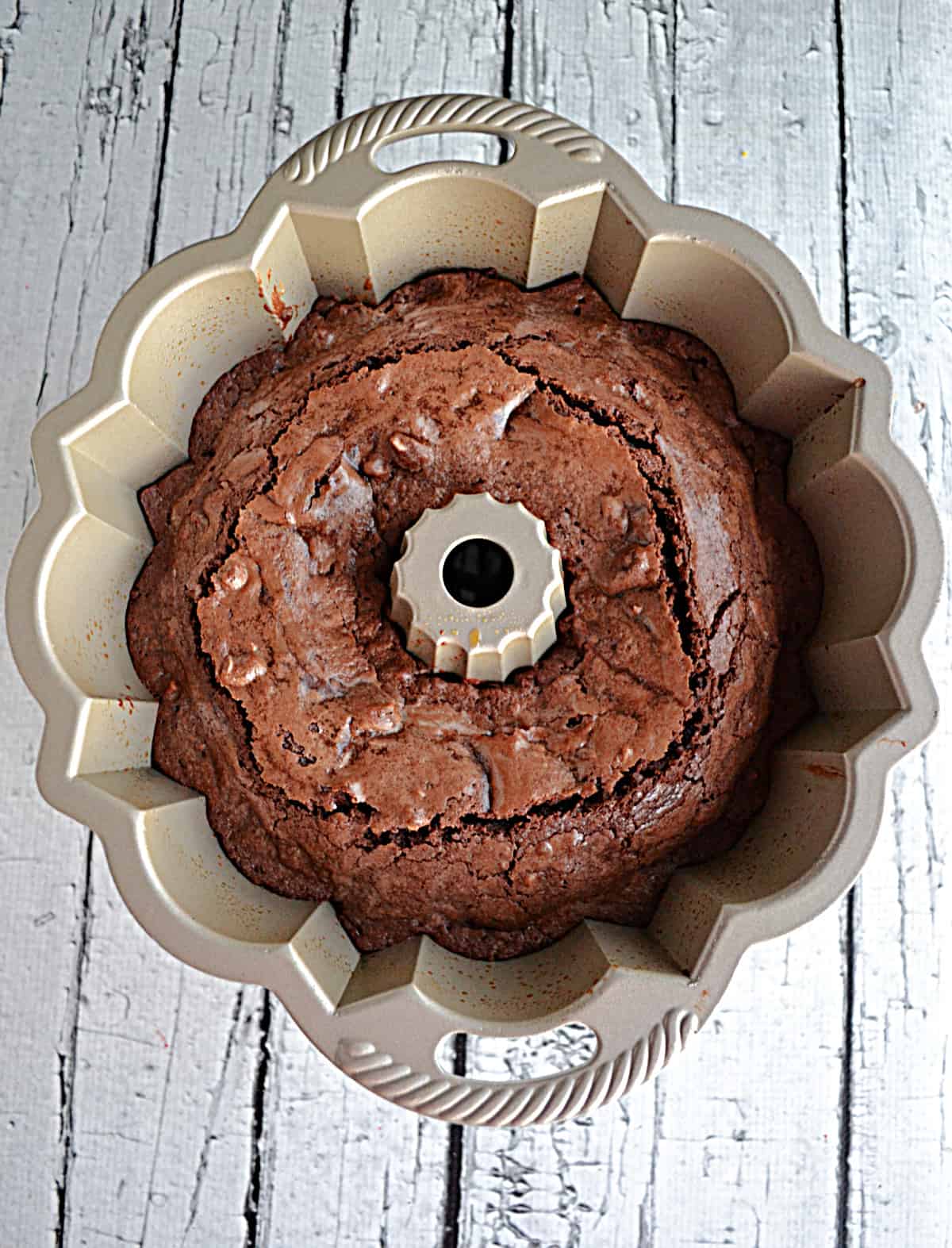 A chocolate Bundt cake in a Bundt pan.
