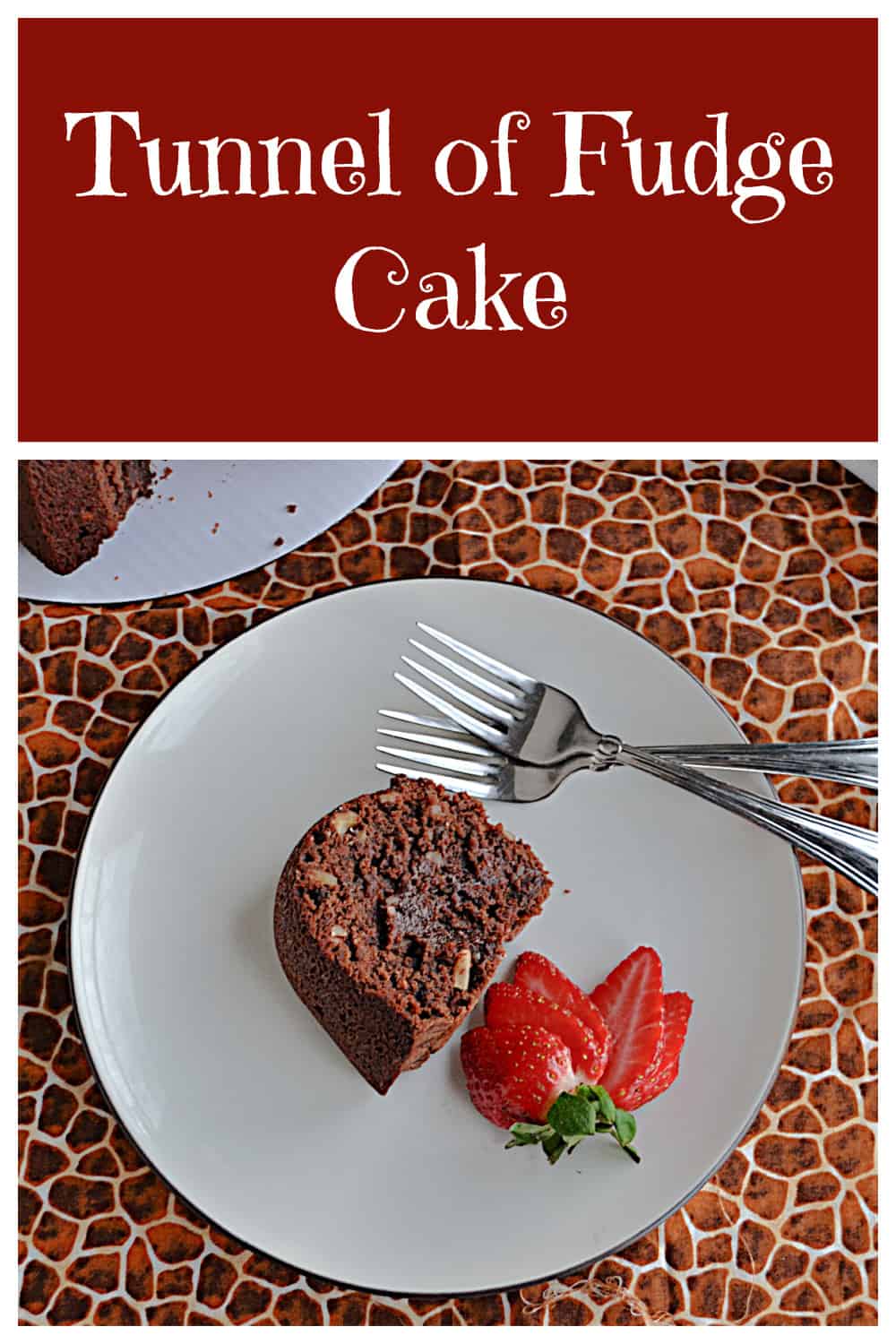 Pin Image:   Text title, a plate with a slice of Tunnel of Fudge cake, 2 forks, and a strawberry on it.