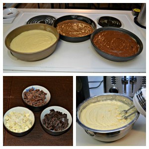 Chocolate Ombre Cake starts with one batter then divides into white chocolate, milk chocolate, and dark chocolate