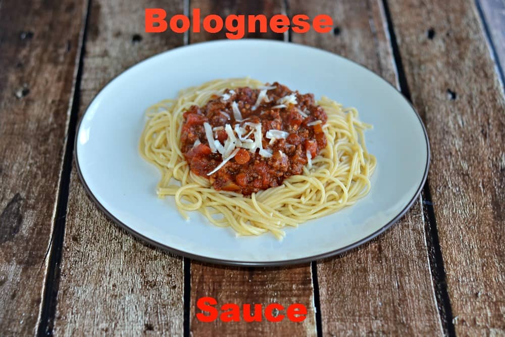 Bolognese Sauce is made with red wine, ground beef, and fresh vegetables.  