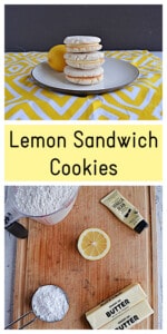Pin Image: A plate with 3 lemon sandwich cookies stacked on top of each other, text title, ingredients for the cookies.
