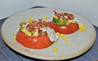 Tomato Stacks with bacon, corn, and avocado
