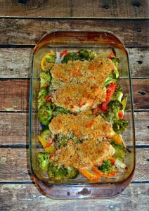 Hummus Crusted Chicken and roasted vegetables is a tasty one pan meal.