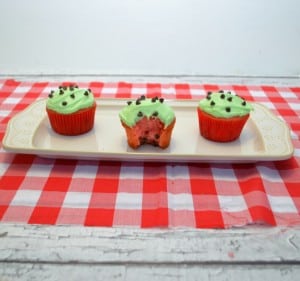 Watermelon cupcakes use a box mix and canned frosting and are so easy to make!