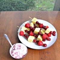 Fruit Kebabs with easy White Chocolate raspberry fruit dip