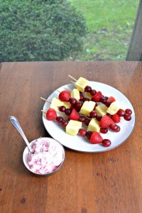 Fruit Kebabs with easy White Chocolate raspberry fruit dip