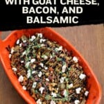 Pin Image: Title, a baking dish with potatoes topped with bacon, goat cheese, and thyme sprigs.