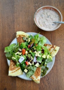 Don't heat up the oven this summer! Make this filling Southwest Chopped Salad with Quesadillas and Mexi-Ranch Dressing