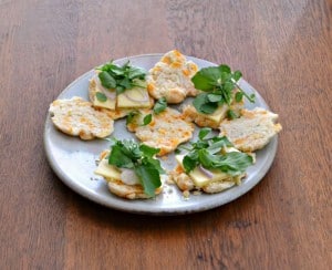 CHeddar Chive Tea Sandwiches top Cheddar Chive Scones with cheese, watercress, and shallots.