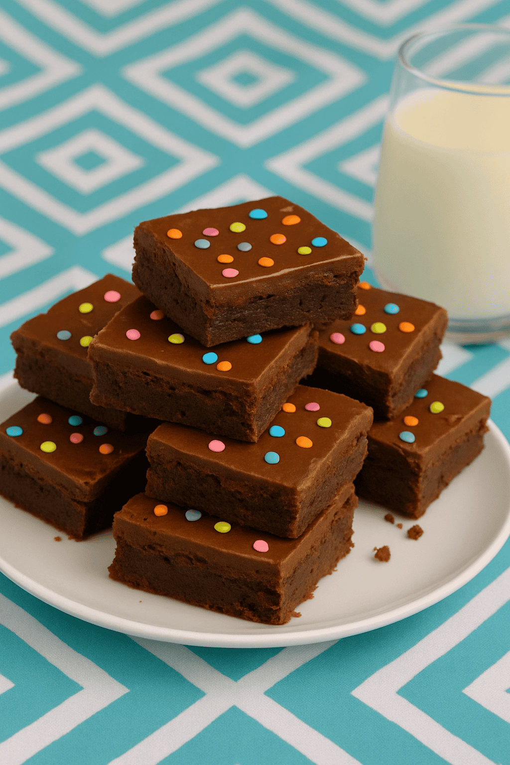 Brownies stacked on a plate with a glass of milk in the background.