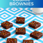 Pin Image : Title, brownies scattered around with a glass of milk in the background.