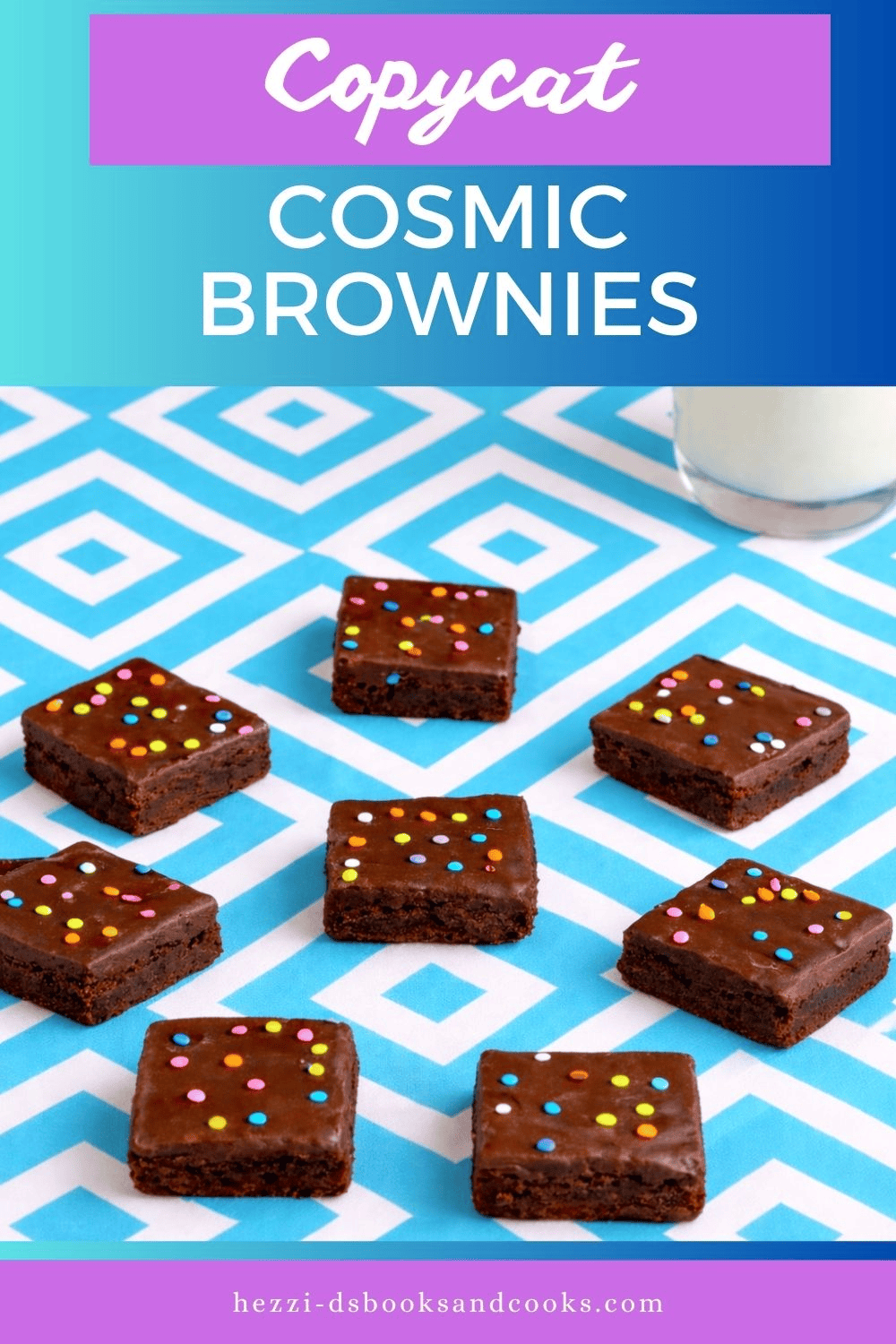 Pin Image : Title, brownies scattered around with a glass of milk in the background.