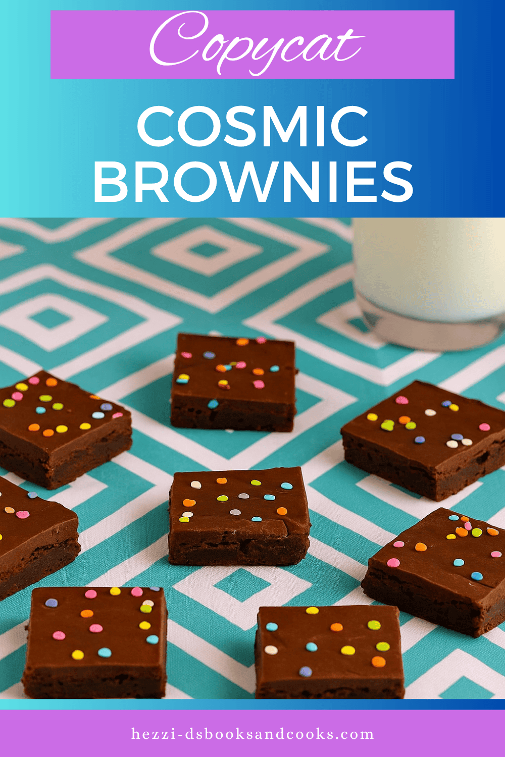 Pin Image : Title, brownies scattered around with a glass of milk in the background.