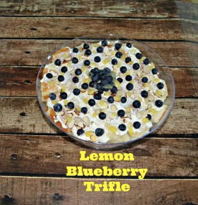 Lemon Bluebery Trifle combines light almond cake, homemade lemon curd, and whipped frosting in one bowl!