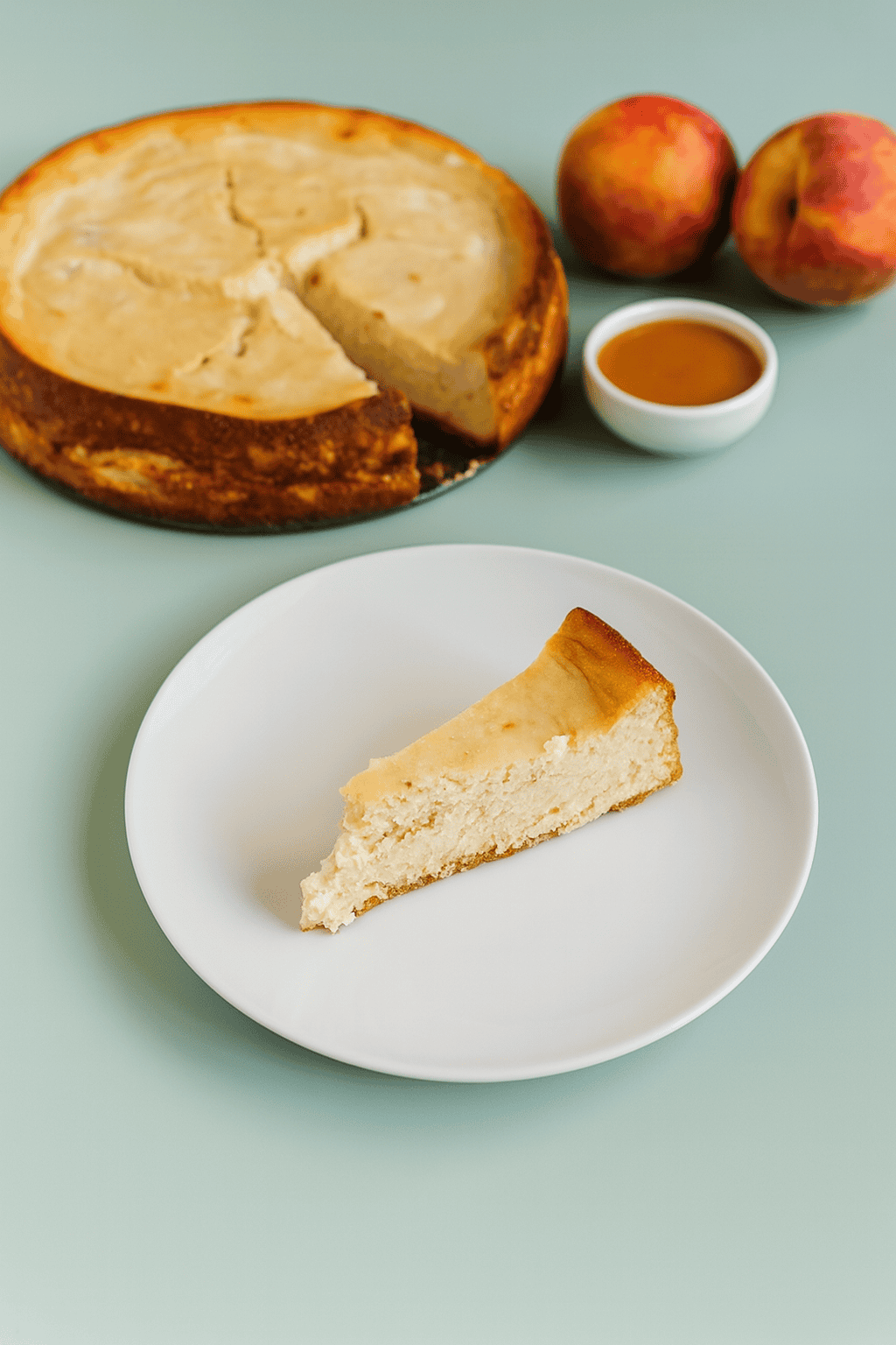 A plate with a slice of cheese cake, the cheesecake behind it, 2 peaches, and a bowl of butterscotch sauce.