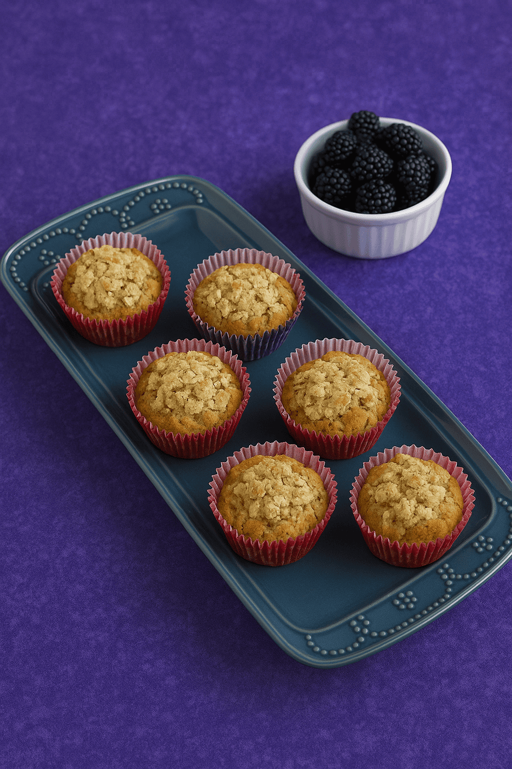 A platter of muffins with a bowl of blackberries behind it. 