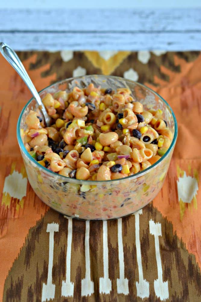 Mexican Pasta Salad with Sabra Salsa, black beans, cheese, corn, and onions