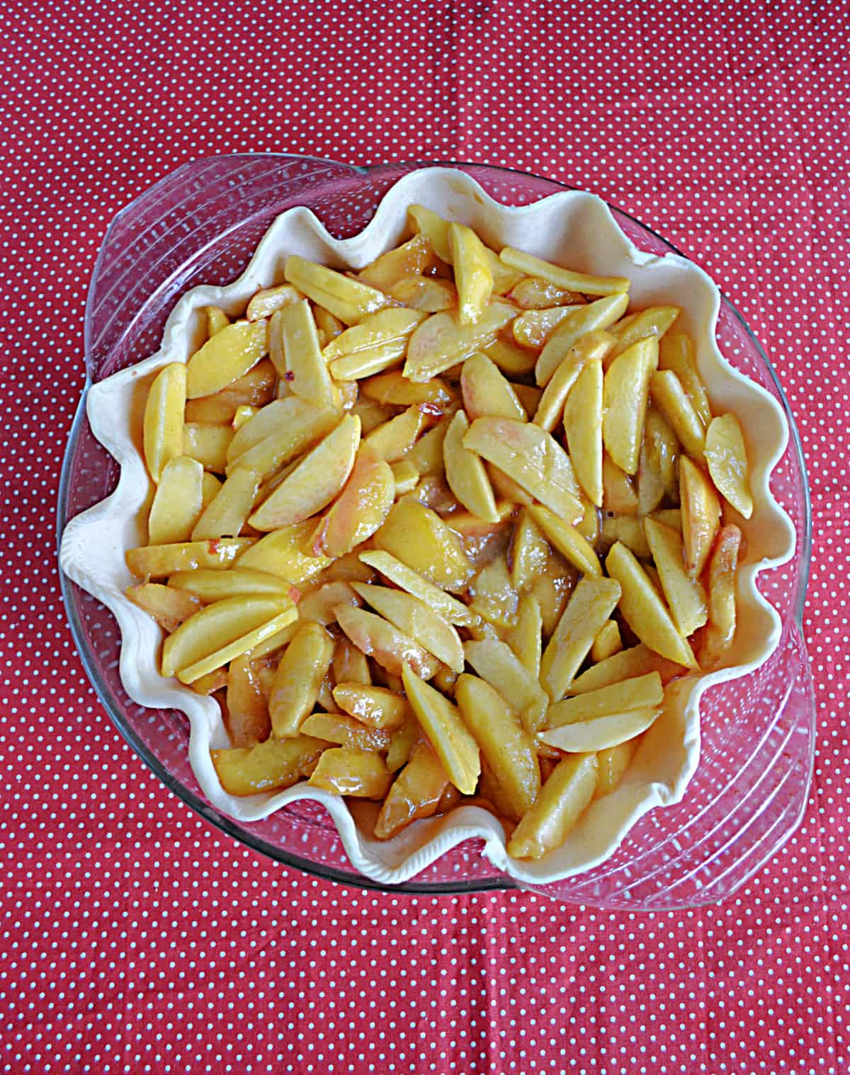 An unbaked pie crust filled with sliced peaches.