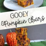 Pin Image: A plate with a pumpkin bar on it, title, a stack of pumpkin bars on a plate with pumpkins in the background.