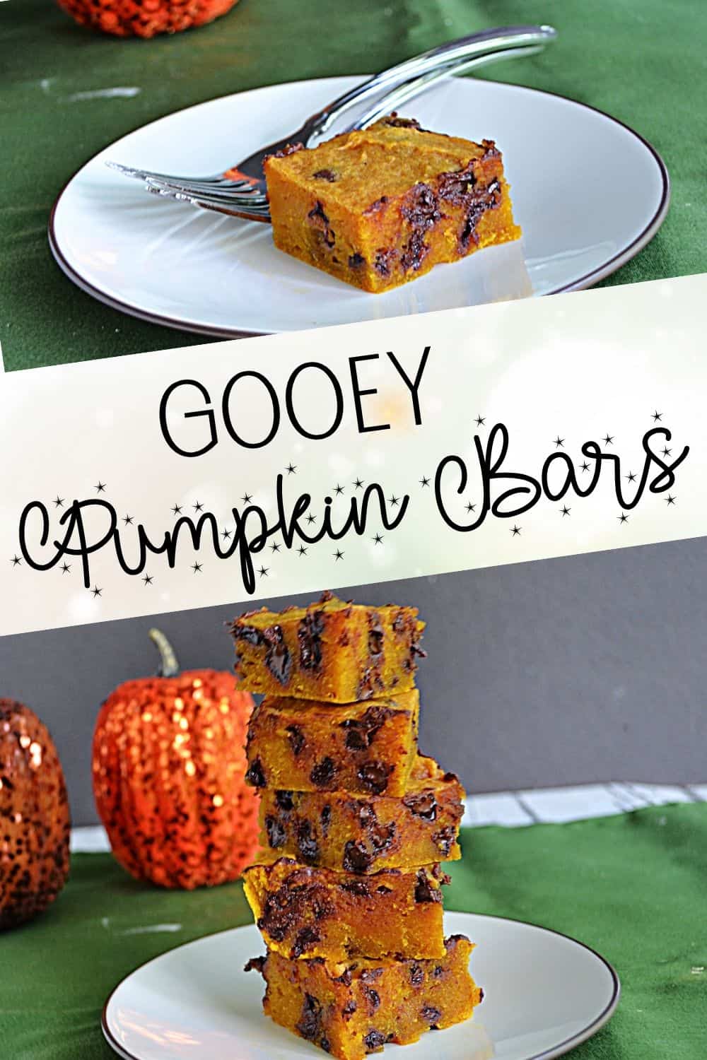 Pin Image: A plate with a pumpkin bar on it, title, a stack of pumpkin bars on a plate with pumpkins in the background.