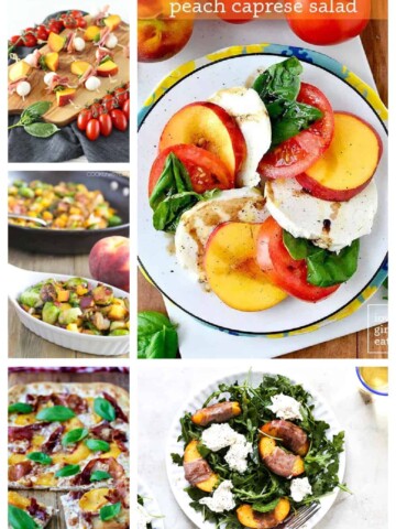 Pin image: Peach caprese bites on a platter, a basil, peach, and mozzarella salad, Grilled peach and mozzarella salad, grilled peach pizza, and Brussels Sprouts with bacon and peaches.