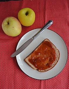 A slice of toast topped with apple butter on a place with a knife on the plate.