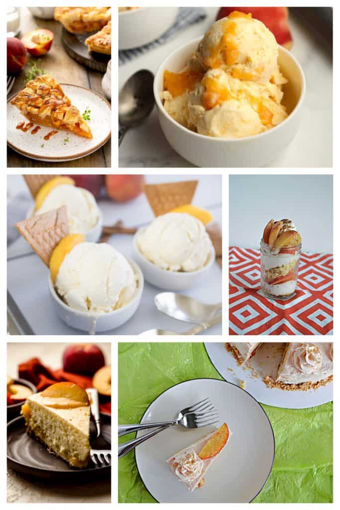 Pin Image: A plate of peach pie, a bowl of peach ice cream, bowls of creamy peach ice cream, a mason jar filled with peach shortcake, a brown sugar peach cake witha slice taken out, and a slice of peach cheesecake. 