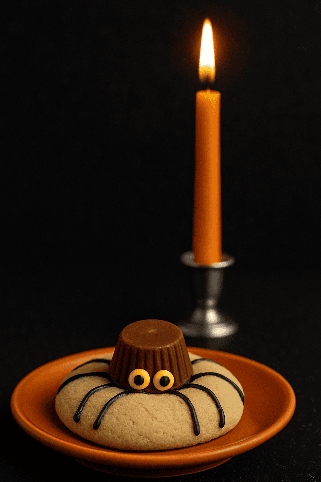 An orange plate with a cookie on it with a chocolate spider on top and a candle in the background.