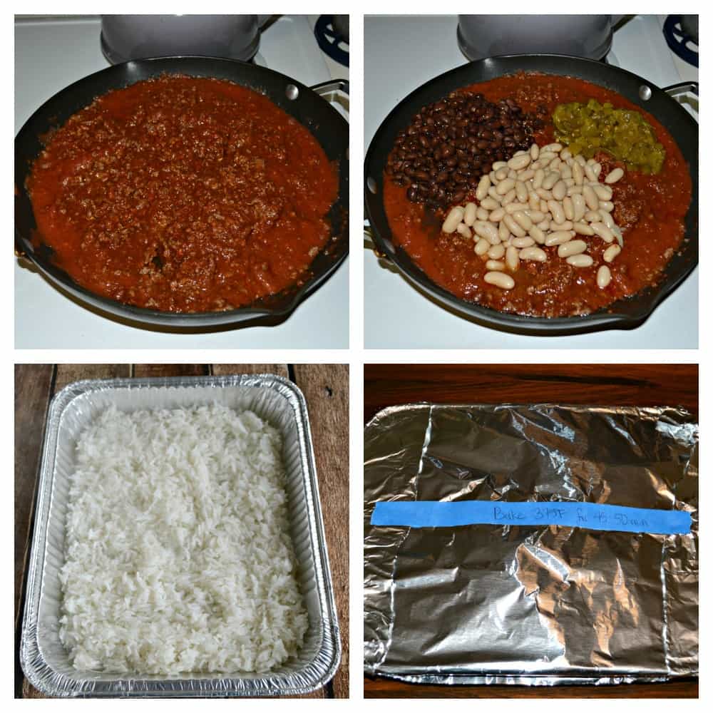 Pin Collage:  A skillet with chili in it, a skillet with tomatoes, beans, and chilies in it, a tin pan with rice in it, a pan covered in foil.