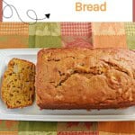 Pin Image: Pin Image, a loaf of bread on a platter with a slice of bread cut off.