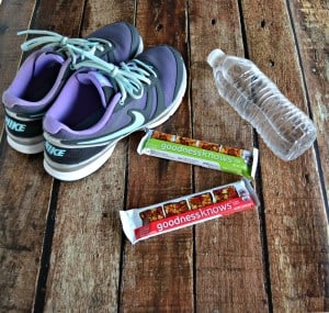 Everything I need for my workout: athletic shoes, water bottle, and goodnessknows snack squares!