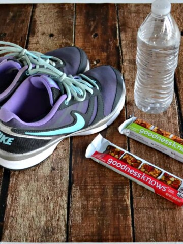 Every workout needs a water bottle, athletic shoes, and a delicious snack like goodnessknows snack squares!