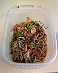Soy noodles on top of an Asian salad