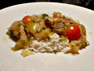 Tangy Pork with Tomatillos, Tomatoes, and Cilantro