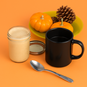 A jar of pumpkin spice creamer, a mug, a spoon, a plate with mini pumpkins on it.