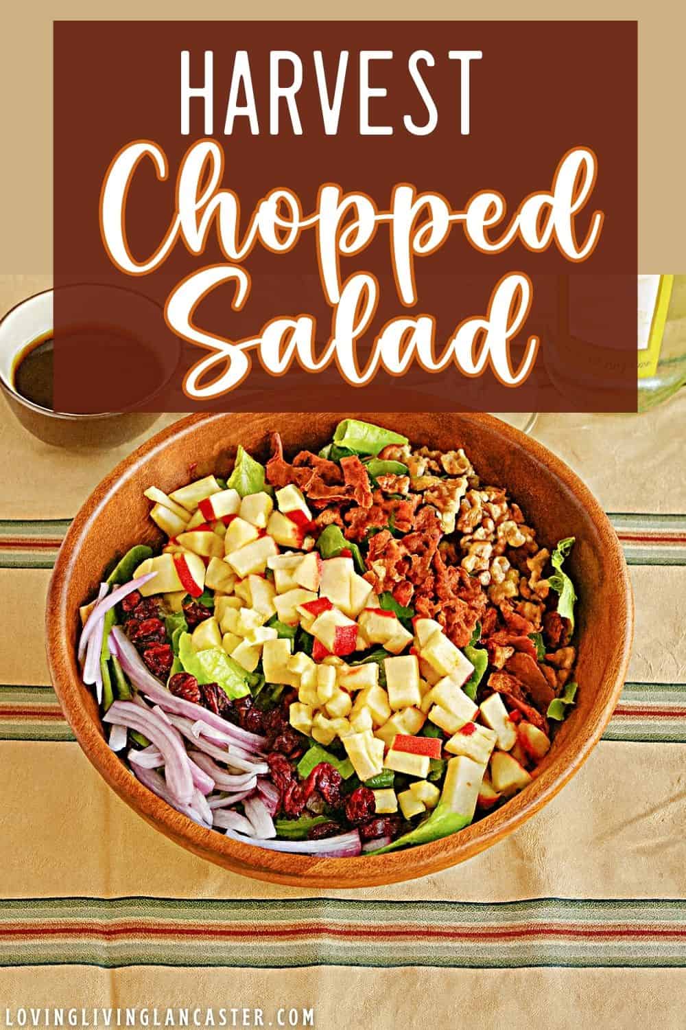 Pin Image: Title, a wooden bowl filled with lettuce, apples, bacon, and red onions.