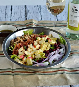 This fun Harvest Salad is packed with red onions, cheese, bacon, apples, and cranberries topped with a homemade vinaigrette
