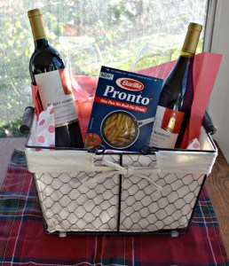 Holiday Entertaining gift basket with all of my favorite foods and beverages to make a holiday meal.