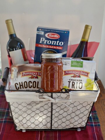 Everything you need to make a delicious meal put in a basket for a hostess!