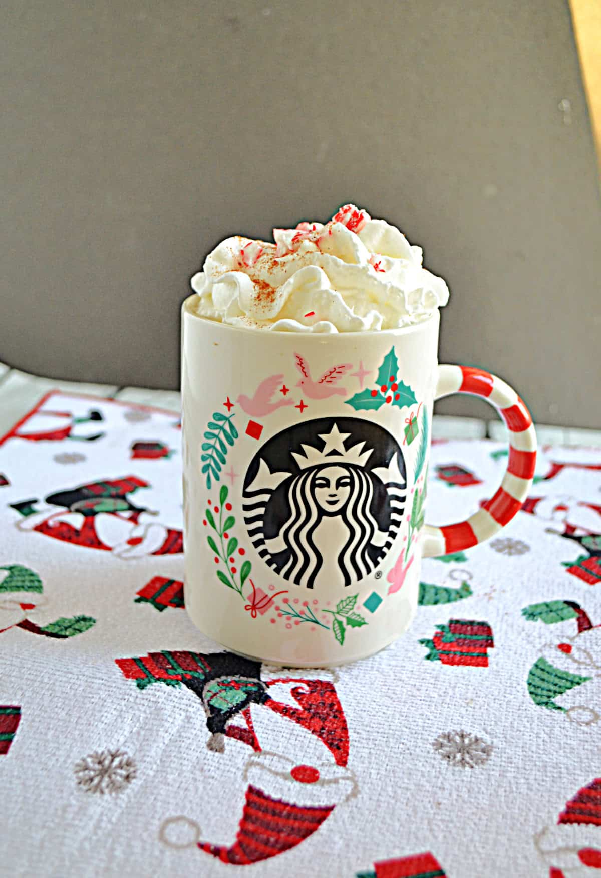 A mug of hot cocoa with whipped cream on top.