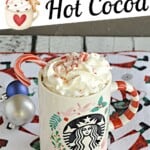 Pin Image: Title, a mug of hot cocoa with whipped cream and a candy cane on top.